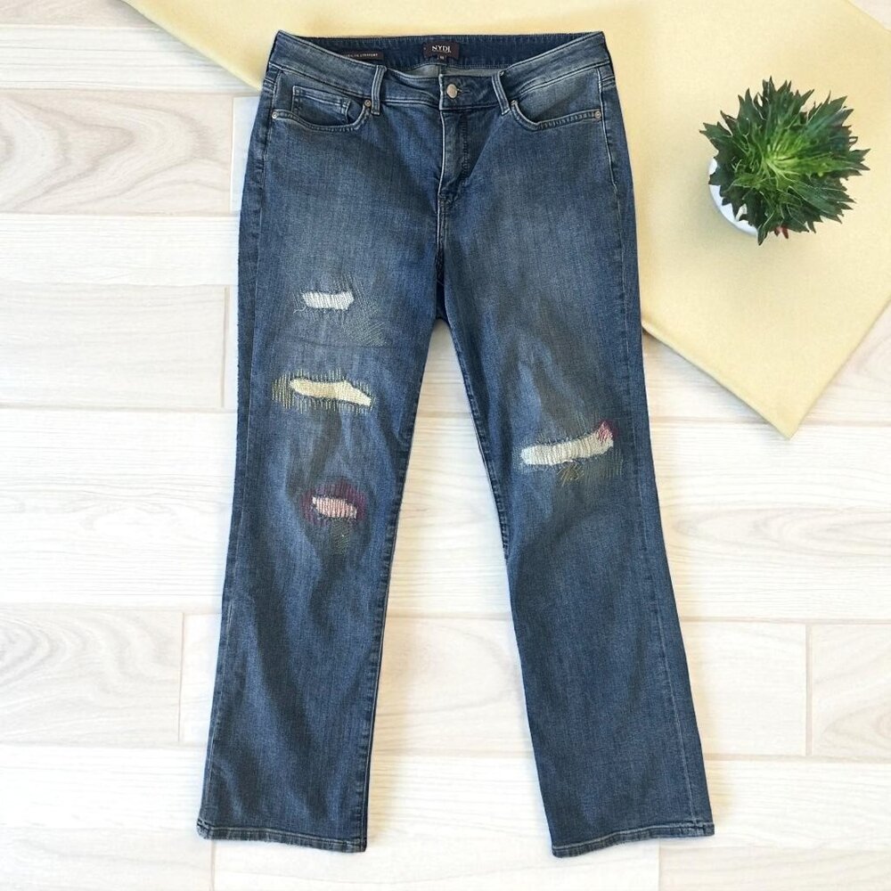 NYDJ Dark Blue Distressed Straight-Leg Jeans with Colorful Patch Details